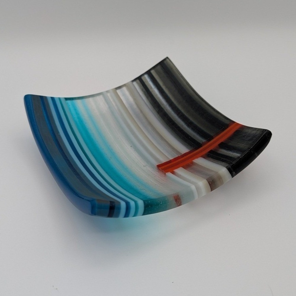 Studio Fused Art Glass Bowl Square 5 In Striped Teal Black Red Signed Kasa 2013